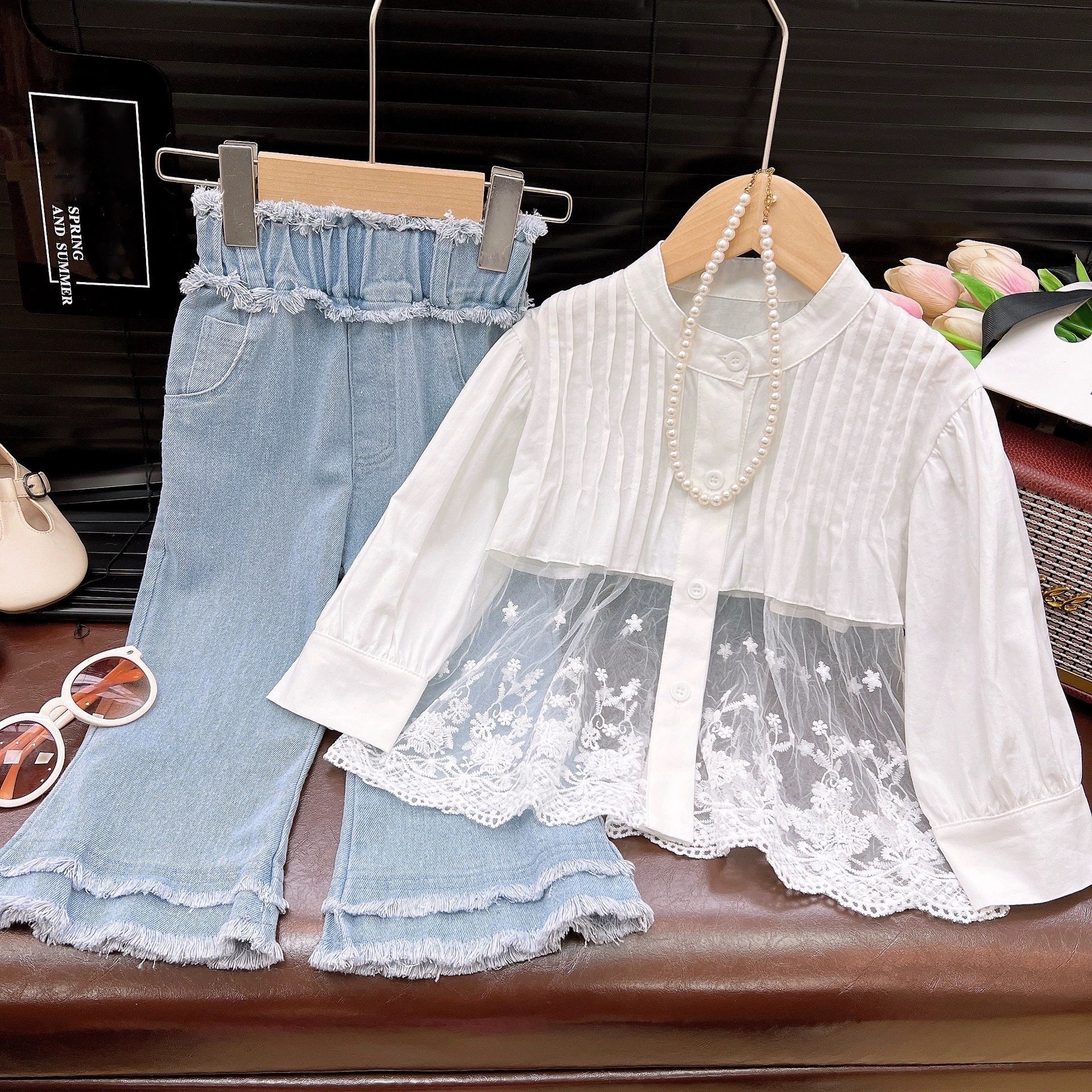 [363886] - Baju Setelan Atasan Blouse Lengan Panjang Bawahan Celana Panjang Cutbray Fashion Anak Perempuan - Motif White Flower Line - BABYHOKI STORE