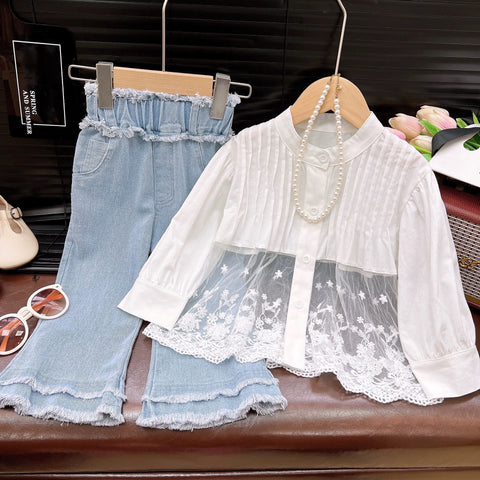 [363886] - Baju Setelan Atasan Blouse Lengan Panjang Bawahan Celana Panjang Cutbray Fashion Anak Perempuan - Motif White Flower Line - BABYHOKI STORE