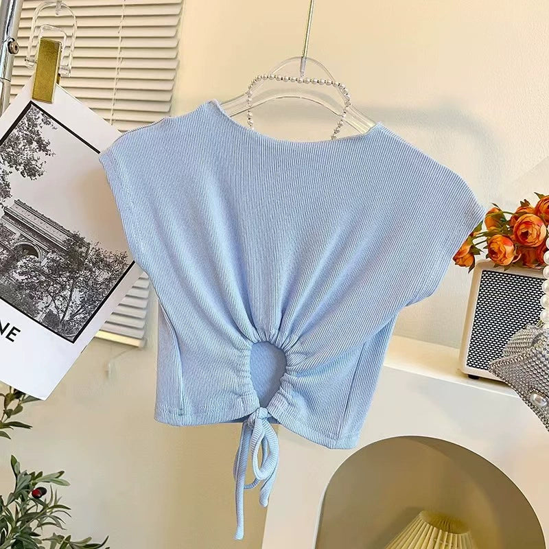[363887] - Setelan Korea One Set Baju Anak Perempuan Kekinian Crop Top Knit Biru Serut Celana Putih Kulot Stylish