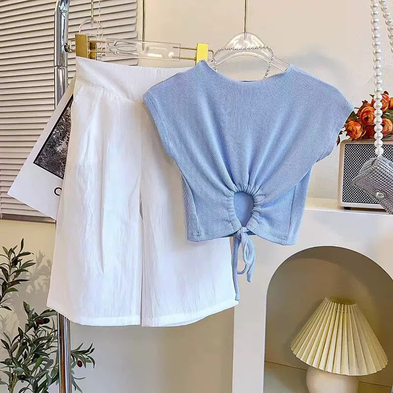 [363887] - Setelan Korea One Set Baju Anak Perempuan Kekinian Crop Top Knit Biru Serut Celana Putih Kulot Stylish