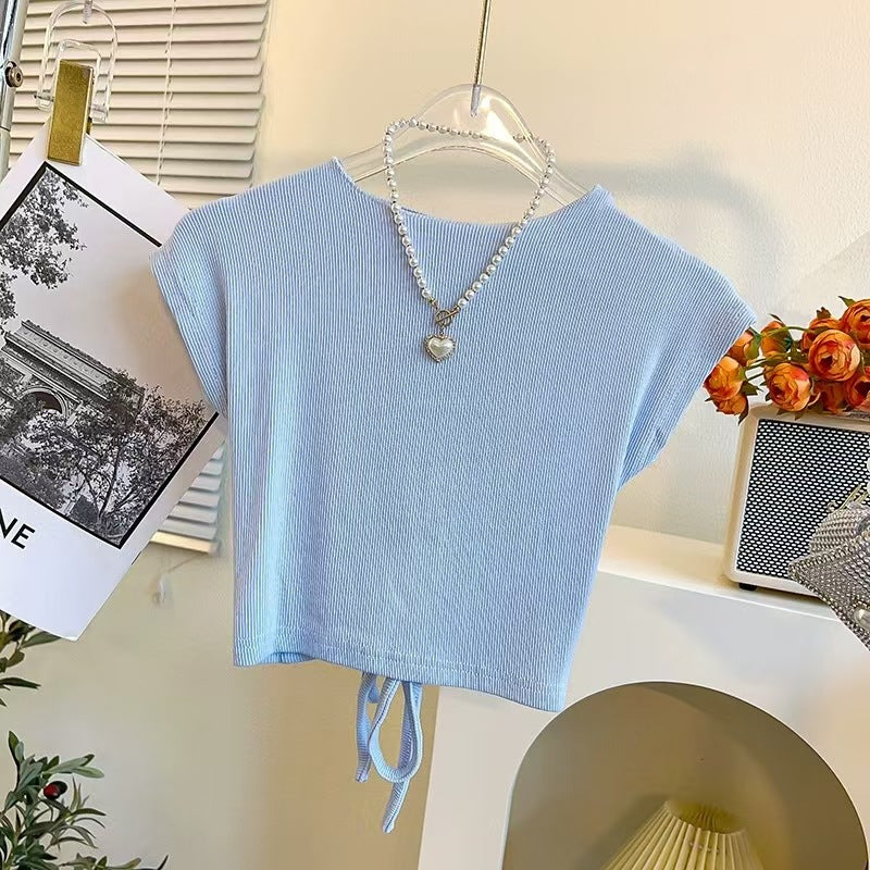 [363887] - Setelan Korea One Set Baju Anak Perempuan Kekinian Crop Top Knit Biru Serut Celana Putih Kulot Stylish