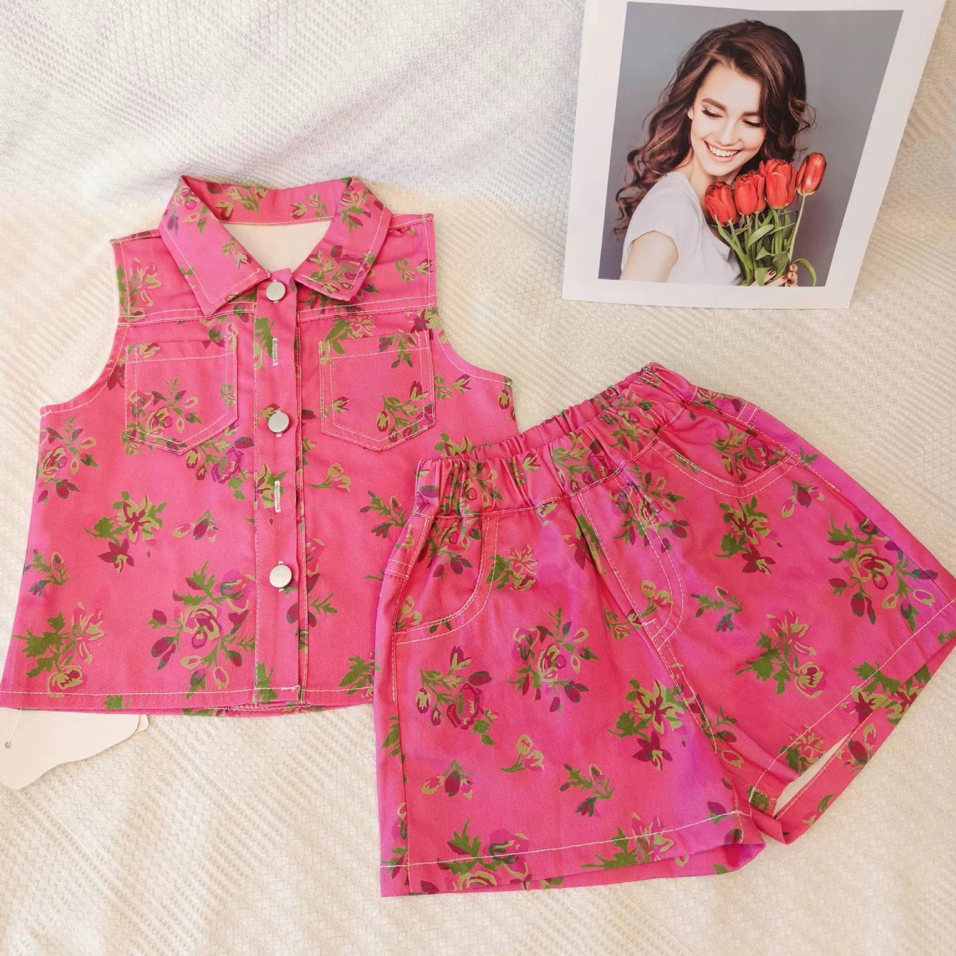 [363888] - Baju Setelan Atasan Lengan Kutung Bawahan Celana Pendek Fashion Anak Perempuan - Motif Green Flower - BABYHOKI STORE