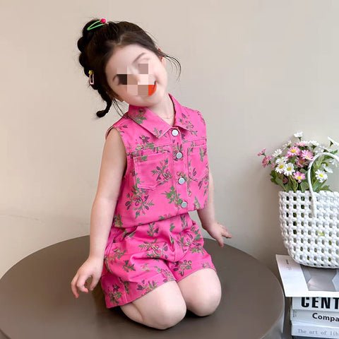 [363888] - Baju Setelan Atasan Lengan Kutung Bawahan Celana Pendek Fashion Anak Perempuan - Motif Green Flower - BABYHOKI STORE