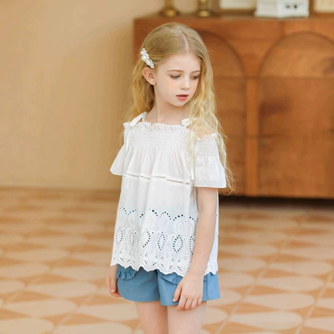 [363889] - One Set 2in1 Baju Setelan Atasan Blouse Katbol Lengan Pendek Bawahan Celana Pendek Fashion Anak Perempuan - Motif Patterned White - BABYHOKI STORE - BABYHOKI STORE