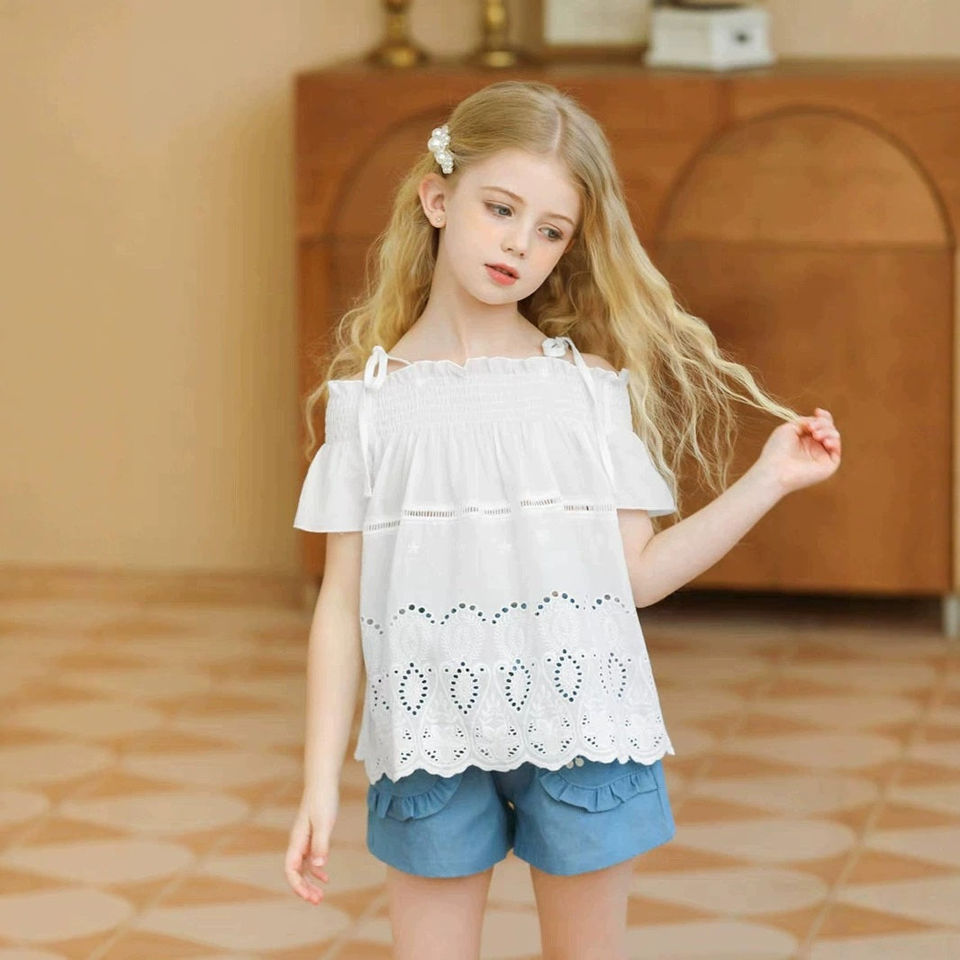 [363889] - One Set 2in1 Baju Setelan Atasan Blouse Katbol Lengan Pendek Bawahan Celana Pendek Fashion Anak Perempuan - Motif Patterned White - BABYHOKI STORE - BABYHOKI STORE