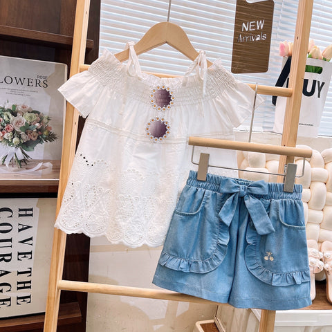 [363889] - One Set 2in1 Baju Setelan Atasan Blouse Katbol Lengan Pendek Bawahan Celana Pendek Fashion Anak Perempuan - Motif Patterned White - BABYHOKI STORE