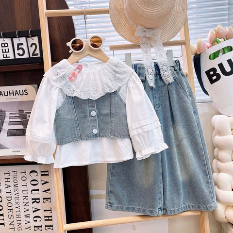 [363890] - One Set 3in1 Baju Setelan Atasan Rompi Denim Blouse Renda Lengan Panjang Bawahan Celana Panjang Jeans Kulot Fashion Anak Perempuan Outfit Fashion Korean Style Anak Cewek Kekinian