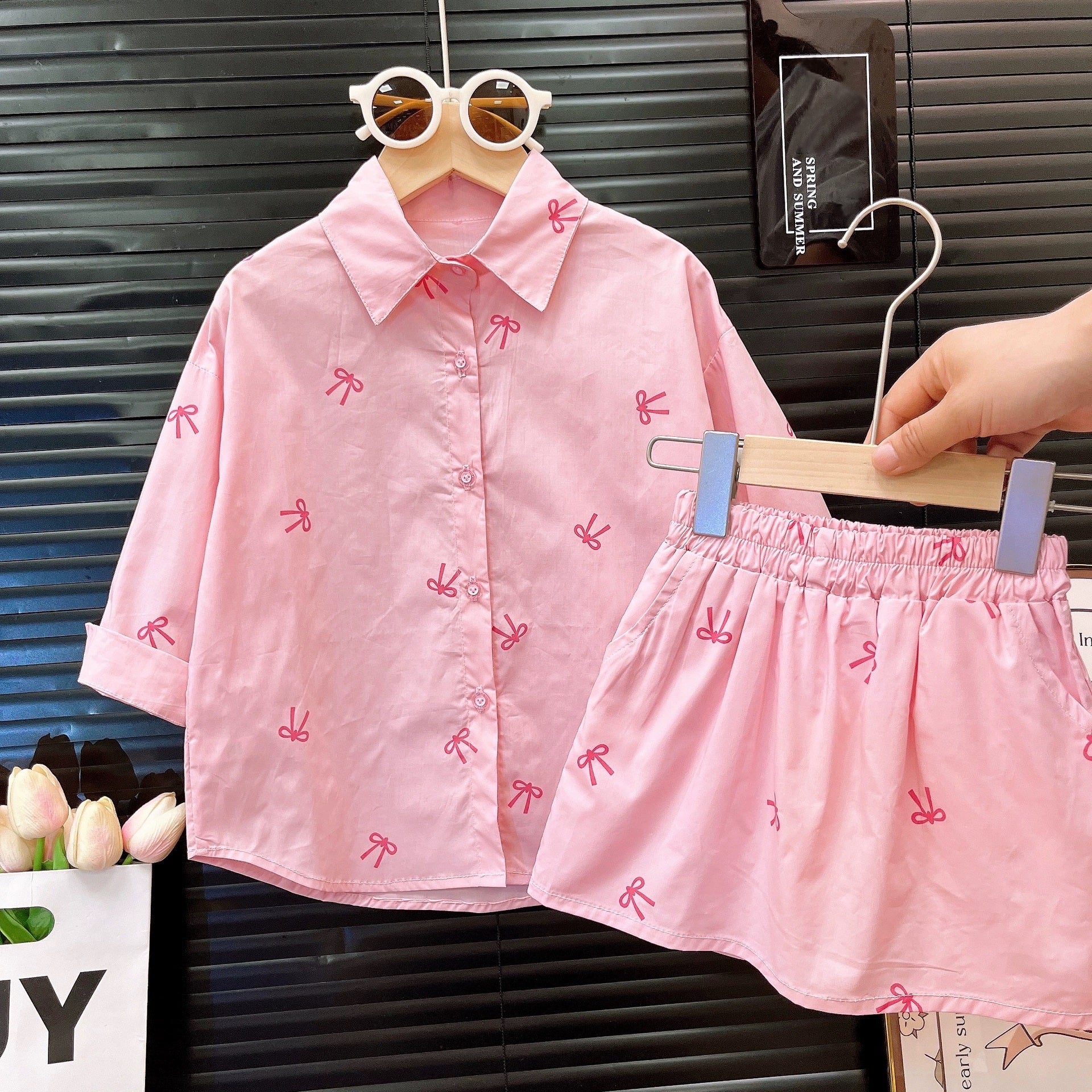 [363893] - One Set 2in1 Setelan Baju Atasan Kemeja Lengan Panjang Bawahan Rok Mini Fashion Anak Perempuan - Motif Pink Base Band - BABYHOKI STORE