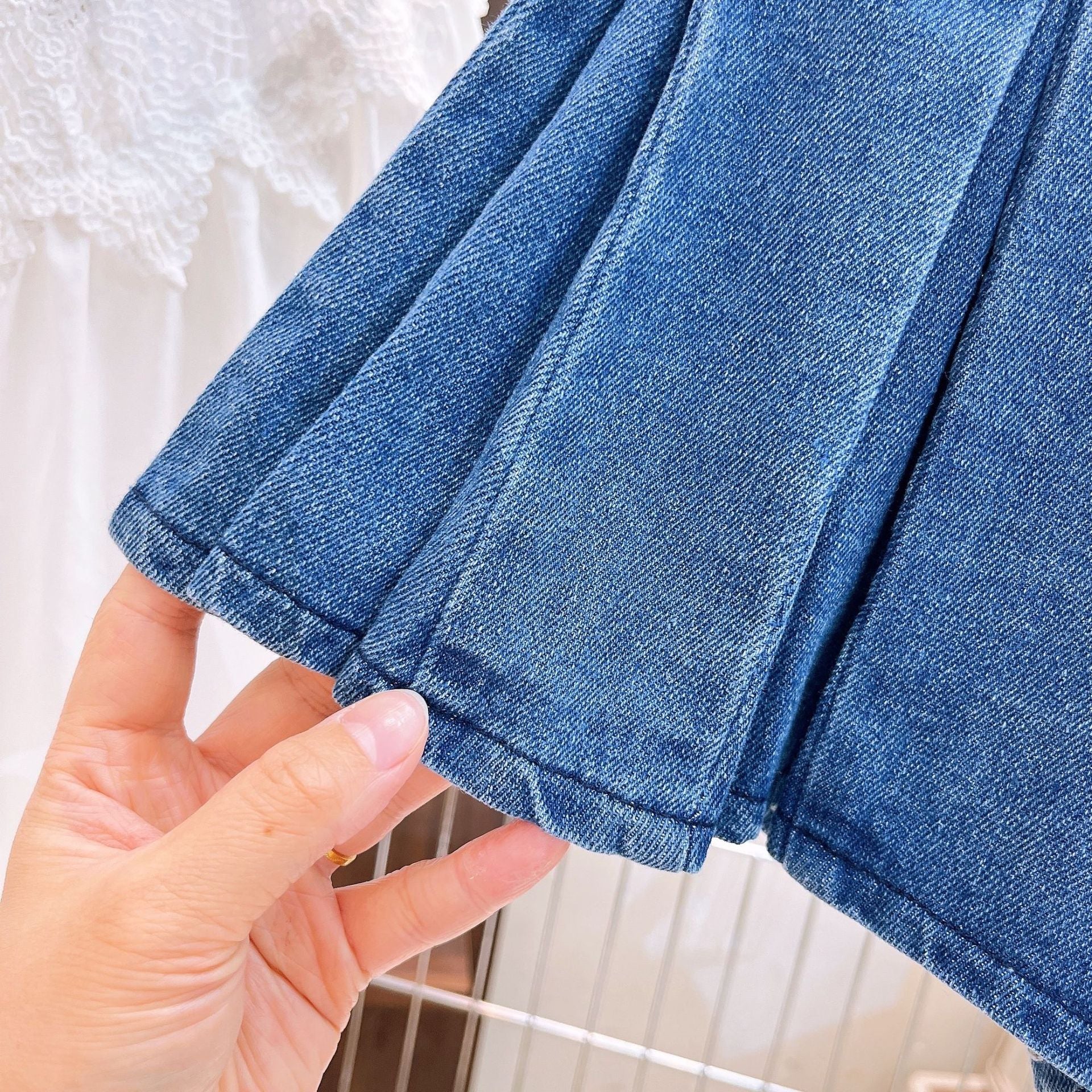 [363894] - One Set 2in1 Setelan Baju Atasan Blouse Katbol Lengan Pendek Bawahan Rok Mini Plisket Denim Fashion Anak Perempuan - Motif Top Katbol Bottom Plisket - BABYHOKI STORE