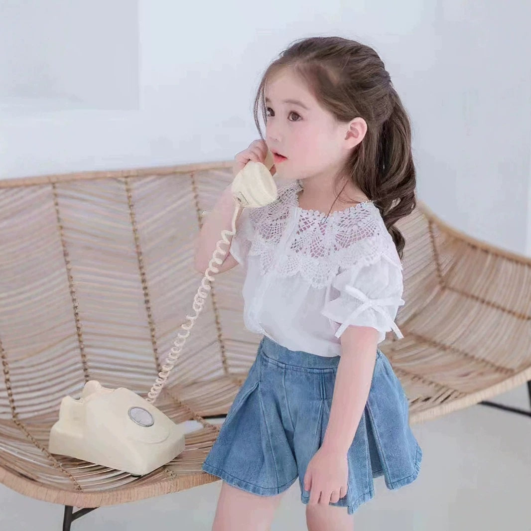 [363894] - One Set 2in1 Setelan Baju Atasan Blouse Katbol Lengan Pendek Bawahan Rok Mini Plisket Denim Fashion Anak Perempuan - Motif Top Katbol Bottom Plisket - BABYHOKI STORE