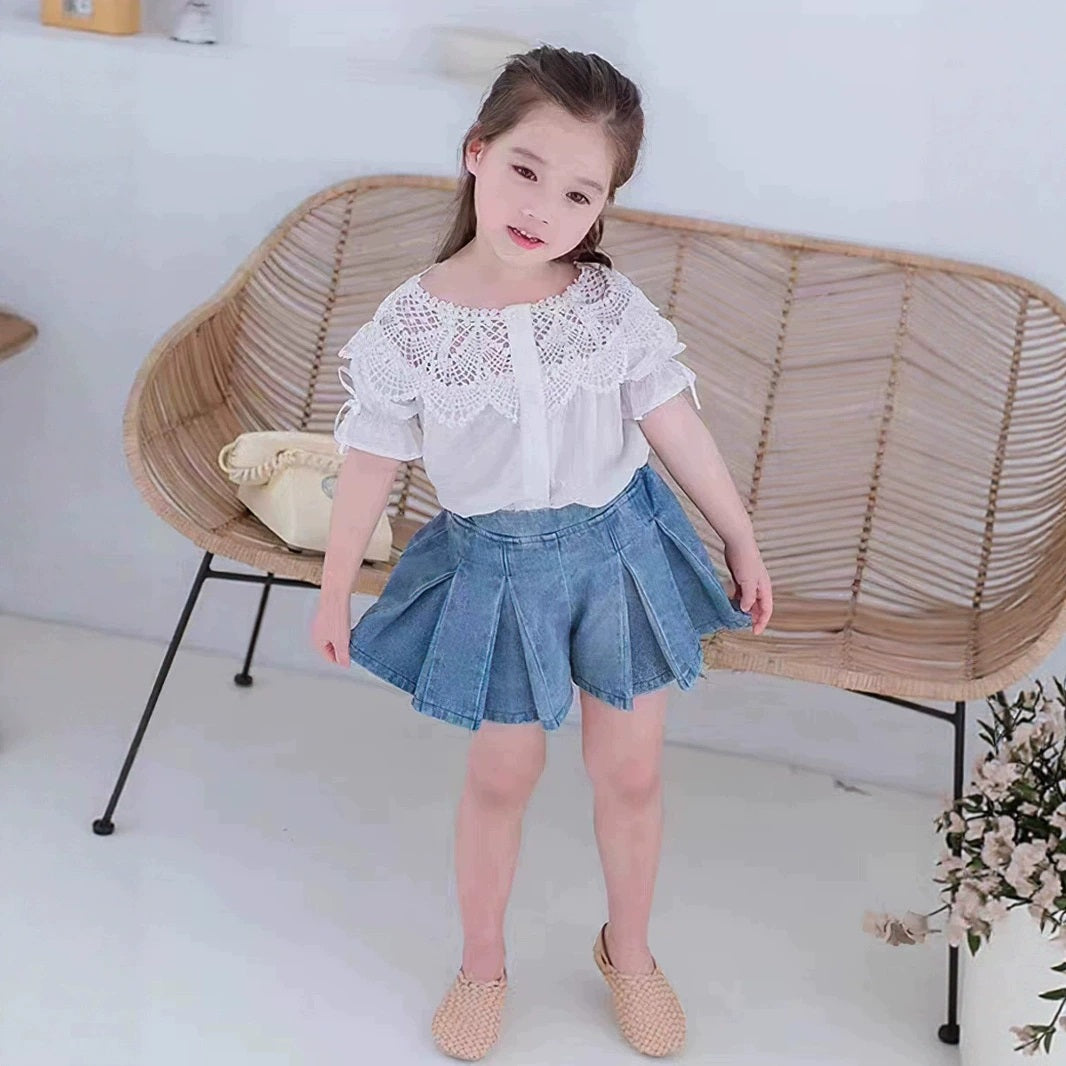 [363894] - One Set 2in1 Setelan Baju Atasan Blouse Katbol Lengan Pendek Bawahan Rok Mini Plisket Denim Fashion Anak Perempuan - Motif Top Katbol Bottom Plisket - BABYHOKI STORE