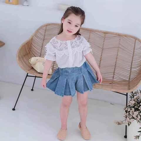 [363894] - One Set 2in1 Setelan Baju Atasan Blouse Katbol Lengan Pendek Bawahan Rok Mini Plisket Denim Fashion Anak Perempuan - Motif Top Katbol Bottom Plisket - BABYHOKI STORE