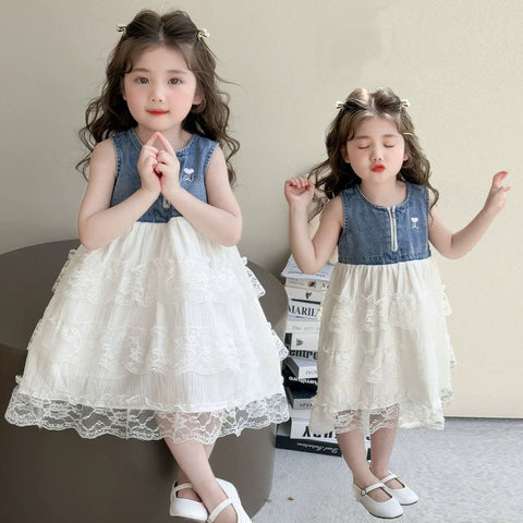 [363896] - Baju Dress Gaun Lengan Kutung Denim Fashion Anak Perempuan - Motif Denim Lace - BABYHOKI STORE - BABYHOKI STORE