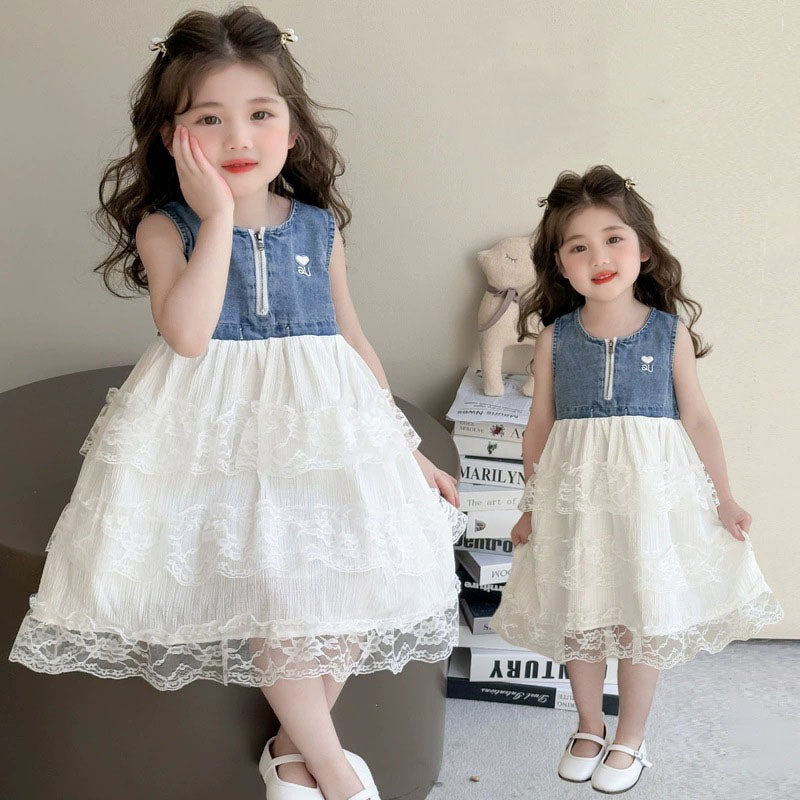 [363896] - Baju Dress Gaun Lengan Kutung Denim Fashion Anak Perempuan - Motif Denim Lace - BABYHOKI STORE - BABYHOKI STORE
