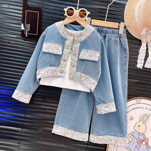 [363897] - One Set 2in1 Baju Setelan Atasan Lengan Panjang Denim Bawahan Celana Panjang Denim Fashion Anak Perempuan - Motif Round Jewelry - BABYHOKI STORE