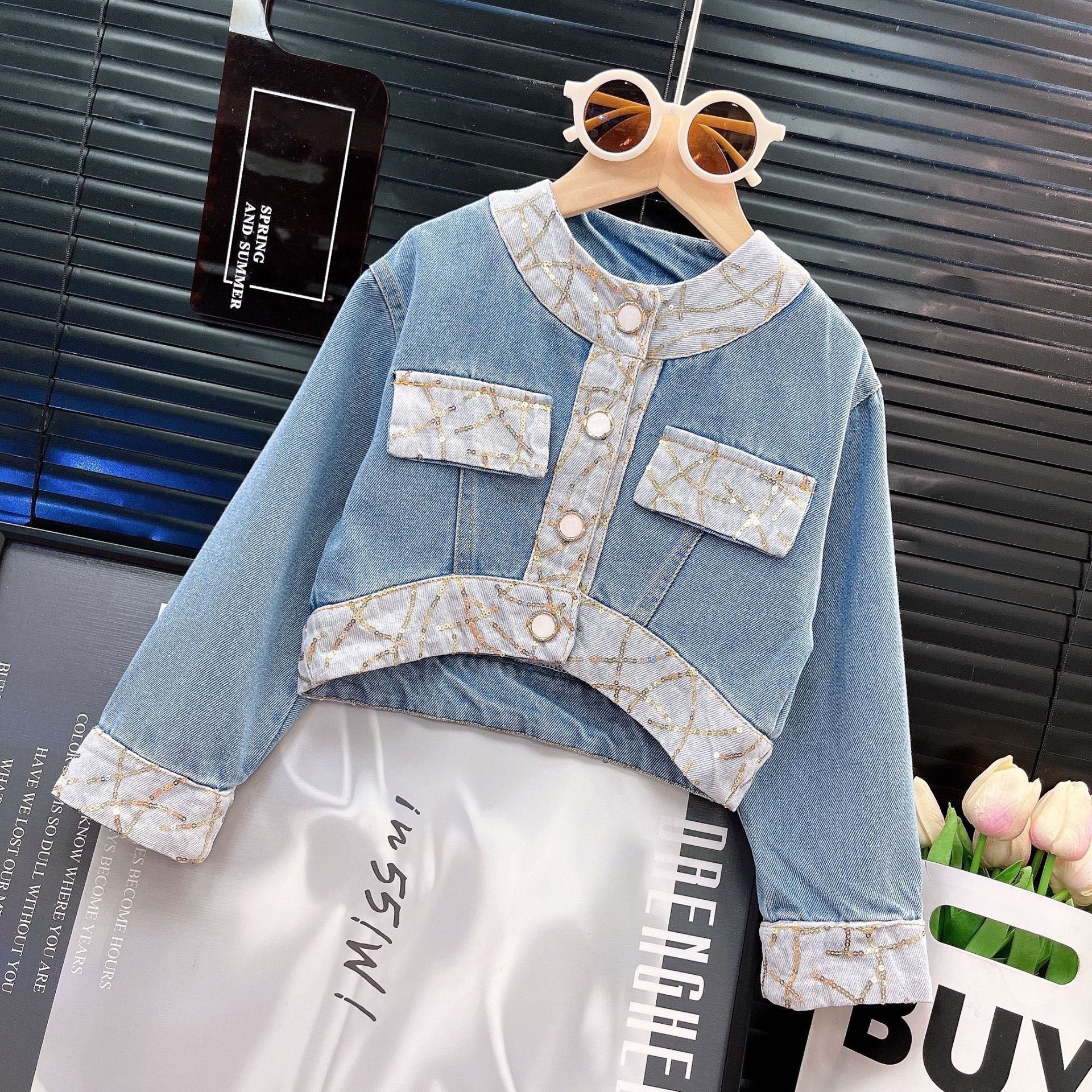 [363897] - One Set 2in1 Baju Setelan Atasan Lengan Panjang Denim Bawahan Celana Panjang Denim Fashion Anak Perempuan - Motif Round Jewelry - BABYHOKI STORE