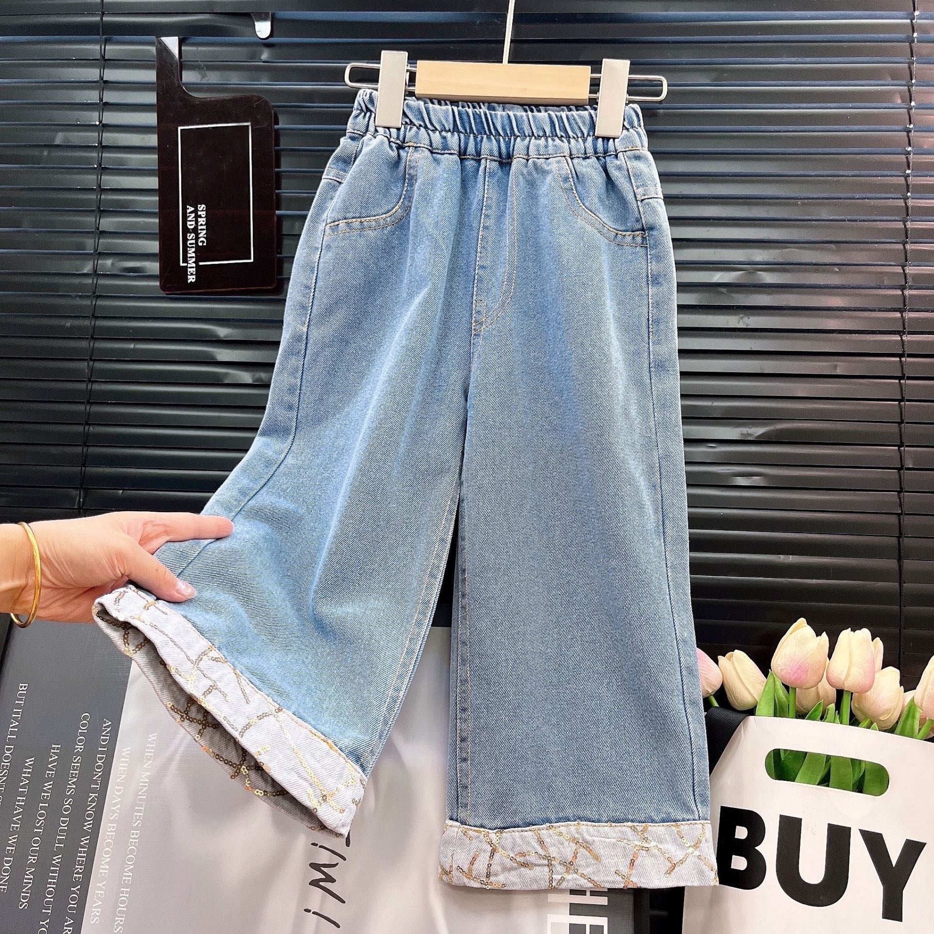 [363897] - One Set 2in1 Baju Setelan Atasan Lengan Panjang Denim Bawahan Celana Panjang Denim Fashion Anak Perempuan - Motif Round Jewelry - BABYHOKI STORE