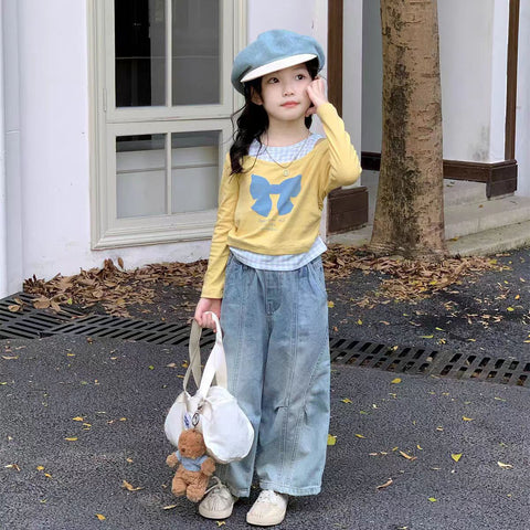 [363898] - One Set 2in1 Baju Setelan Atasan Kaos Lengan Panjang Bawahan Celana Panjang Denim Fashion Anak Perempuan - Motif Splicing Bow Top - BABYHOKI STORE