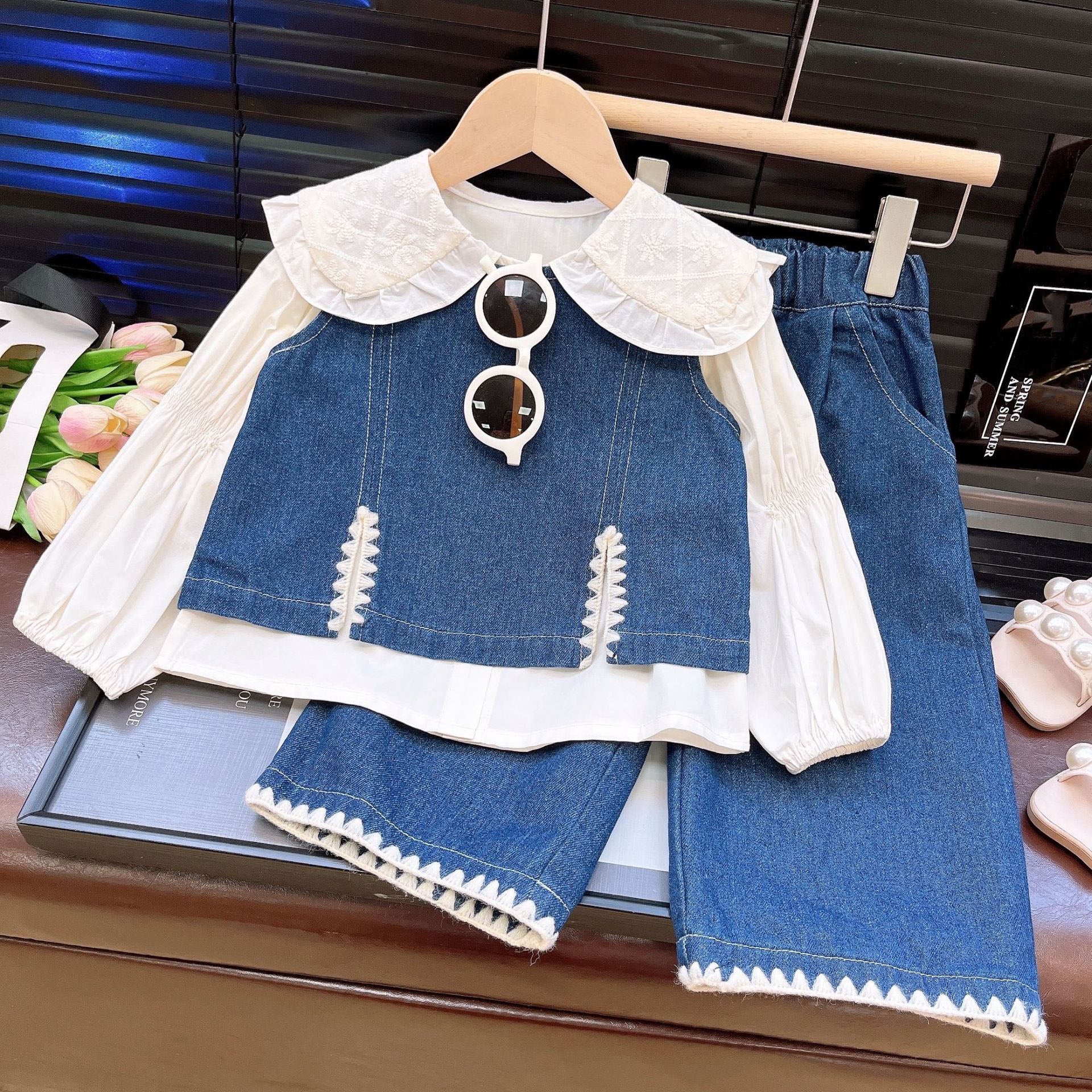 [363903] - One Set 3in1 Baju Setelan Atasan Blouse Lengan Panjang Atasan Vest Denim Bawahan Celana Panjang Denim Fashion Anak Cewek Perempuan - Motif Basic Denim - BABYHOKI STORE - BABYHOKI STORE