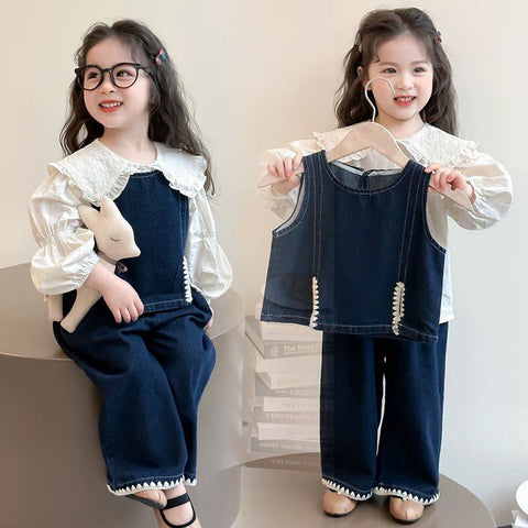 [363903] - One Set 3in1 Baju Setelan Atasan Blouse Lengan Panjang Atasan Vest Denim Bawahan Celana Panjang Denim Fashion Anak Cewek Perempuan - Motif Basic Denim - BABYHOKI STORE - BABYHOKI STORE