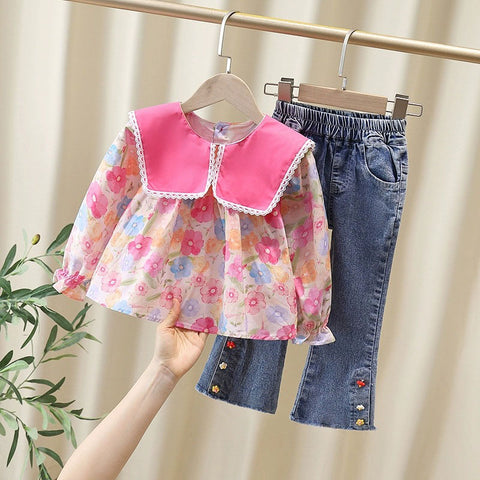 [363904] - Baju Setelan Atasan Bloue Lengan Panjang Bawahan Celana Panjang Denim Fashion Anak Cewek Perempuan - Motif Lapel Flower - BABYHOKI STORE - BABYHOKI STORE