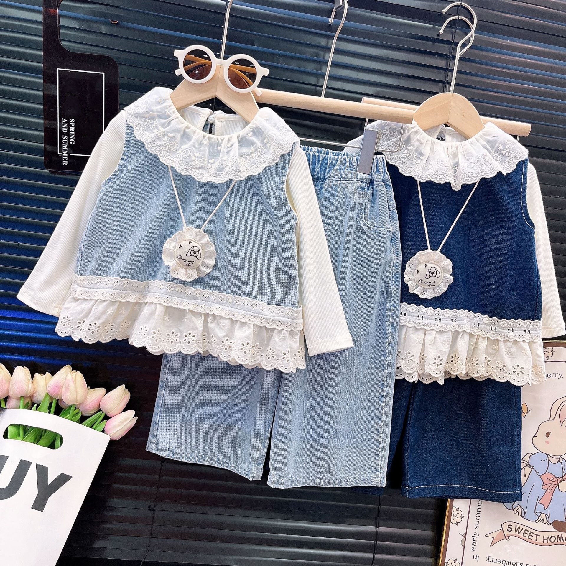 [363905] - One Set 3in1 Baju Setelan Atasan Lengan Panjang Vest Kutung Denim Bawahan Celana Panjang Denim Fashion Anak Cewek Perempuan - Motif Denim Lace - BABYHOKI STORE - BABYHOKI STORE