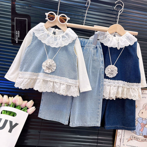 [363905] - One Set 3in1 Baju Setelan Atasan Lengan Panjang Vest Kutung Denim Bawahan Celana Panjang Denim Fashion Anak Cewek Perempuan - Motif Denim Lace - BABYHOKI STORE - BABYHOKI STORE