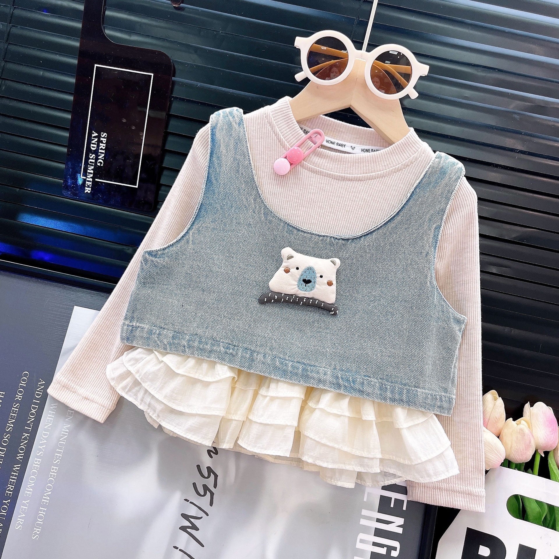 [363907] - One Set 3in1 Baju Setelan Atasan Lengan Panjang Vest Kutung Denim Bawahan Celana Panjang Denim Fashion Anak Cewek Perempuan - Motif 3D Animal Face - BABYHOKI STORE - BABYHOKI STORE