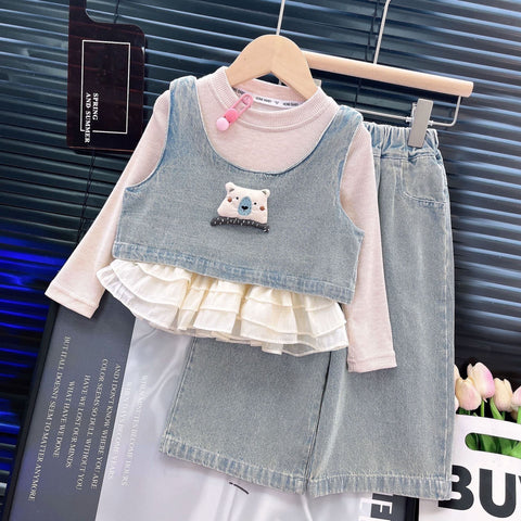 [363907] - One Set 3in1 Baju Setelan Atasan Lengan Panjang Vest Kutung Denim Bawahan Celana Panjang Denim Fashion Anak Cewek Perempuan - Motif 3D Animal Face - BABYHOKI STORE - BABYHOKI STORE