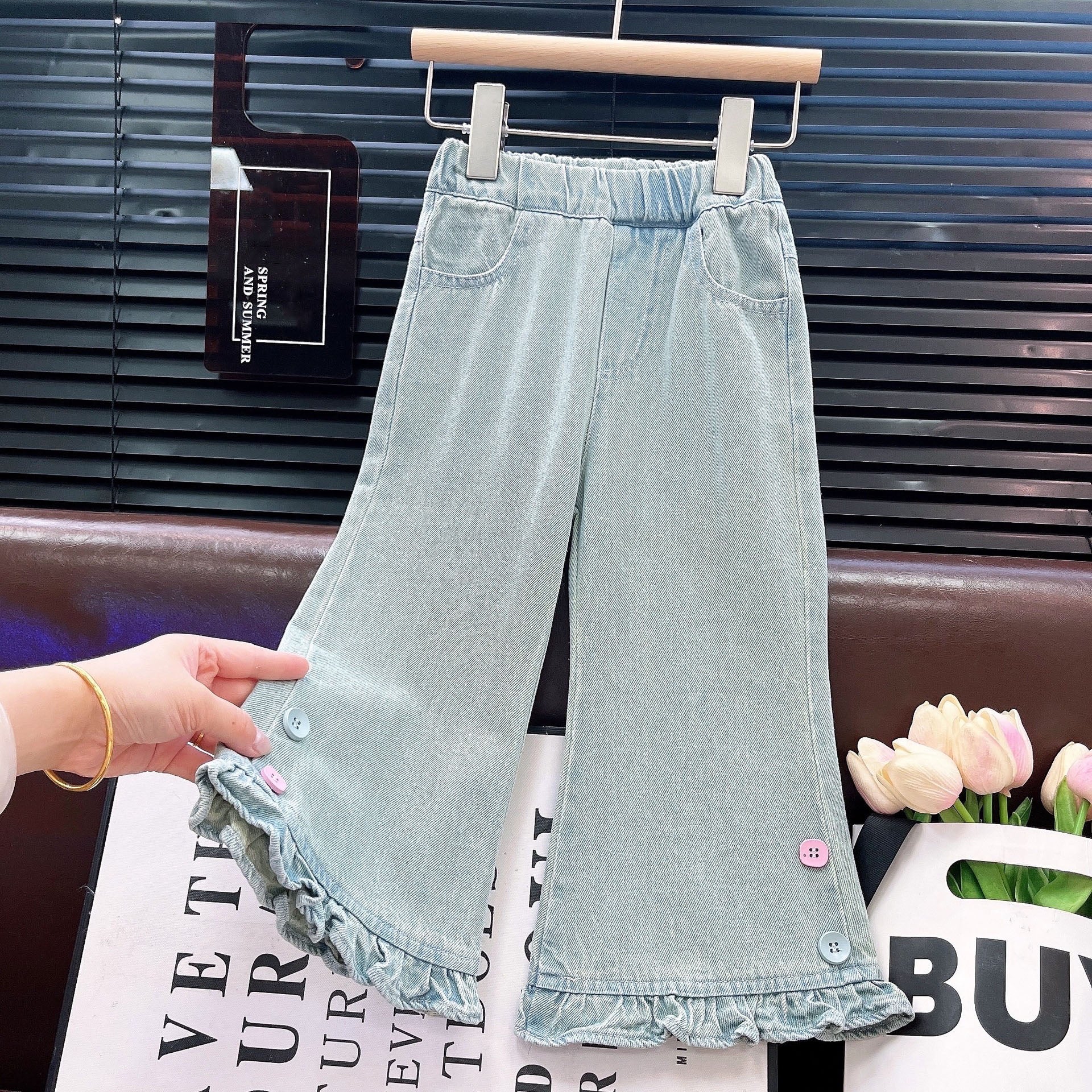 [363908] - One Set 3in1 Baju Setelan Atasan Blouse Renda Lengan Panjang Vest Kutung Denim Bawahan Celana Panjang Denim Fashion Anak Cewek Perempuan - Motif Love Star - BABYHOKI STORE