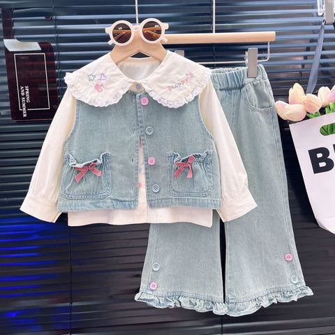 [363908] - One Set 3in1 Baju Setelan Atasan Blouse Renda Lengan Panjang Vest Kutung Denim Bawahan Celana Panjang Denim Fashion Anak Cewek Perempuan - Motif Love Star - BABYHOKI STORE