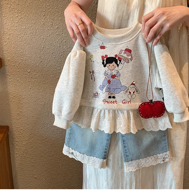 [363909] - Baju Setelan Atasan Sweater Ruffled Renda Lengan Panjang Bawahan Celana Panjang Denim Fashion Anak Cewek Perempuan - Motif Cute Girl Picture - BABYHOKI STORE