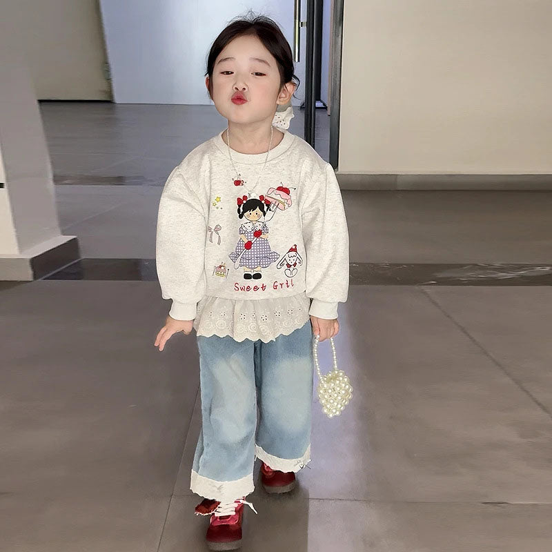 [363909] - Baju Setelan Atasan Sweater Ruffled Renda Lengan Panjang Bawahan Celana Panjang Denim Fashion Anak Cewek Perempuan - Motif Cute Girl Picture - BABYHOKI STORE