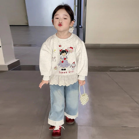 [363909] - Baju Setelan Atasan Sweater Ruffled Renda Lengan Panjang Bawahan Celana Panjang Denim Fashion Anak Cewek Perempuan - Motif Cute Girl Picture - BABYHOKI STORE