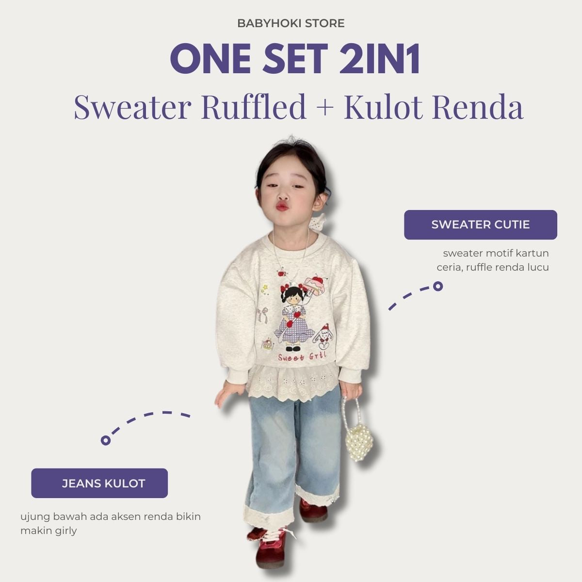 [363909] - Baju Setelan Atasan Sweater Ruffled Renda Lengan Panjang Bawahan Celana Panjang Denim Fashion Anak Cewek Perempuan - Motif Cute Girl Picture - BABYHOKI STORE