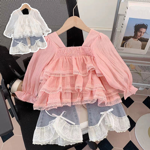 [363910] - Baju Setelan Atasan Blouse Renda Lengan Panjang Bawahan Celana Panjang Cutbray Denim Fashion Anak Cewek Perempuan - Motif Cute Lace Tops - BABYHOKI STORE - BABYHOKI STORE