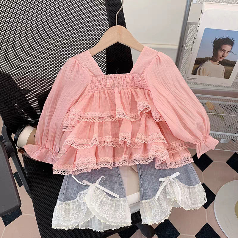 [363910] - Baju Setelan Atasan Blouse Renda Lengan Panjang Bawahan Celana Panjang Cutbray Denim Fashion Anak Cewek Perempuan - Motif Cute Lace Tops - BABYHOKI STORE - BABYHOKI STORE