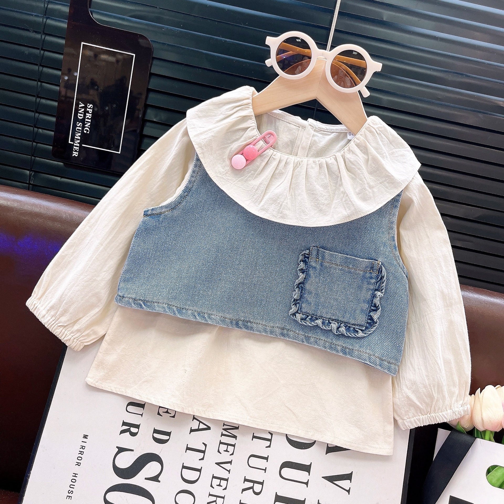 [363911] - One Set 3in1 Baju Setelan Atasan Blouse Renda Lengan Panjang Vest Rompi Denim Bawahan Celana Panjang Kulot Denim Fashion Anak Cewek Perempuan - Motif Vest Denim pocket - BABYHOKI STORE - BABYHOKI STORE