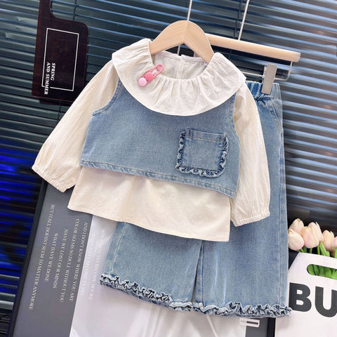 [363911] - One Set 3in1 Baju Setelan Atasan Blouse Renda Lengan Panjang Vest Rompi Denim Bawahan Celana Panjang Kulot Denim Fashion Anak Cewek Perempuan - Motif Vest Denim pocket - BABYHOKI STORE - BABYHOKI STORE