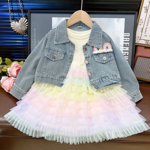 [363912] - One Set 2in1 Baju Setelan Dress Gaun Lengan Panjang Atasan Jaket Denim Fashion Anak Perempuan Cewek - Motif 3D Rainbow - BABYHOKI STORE