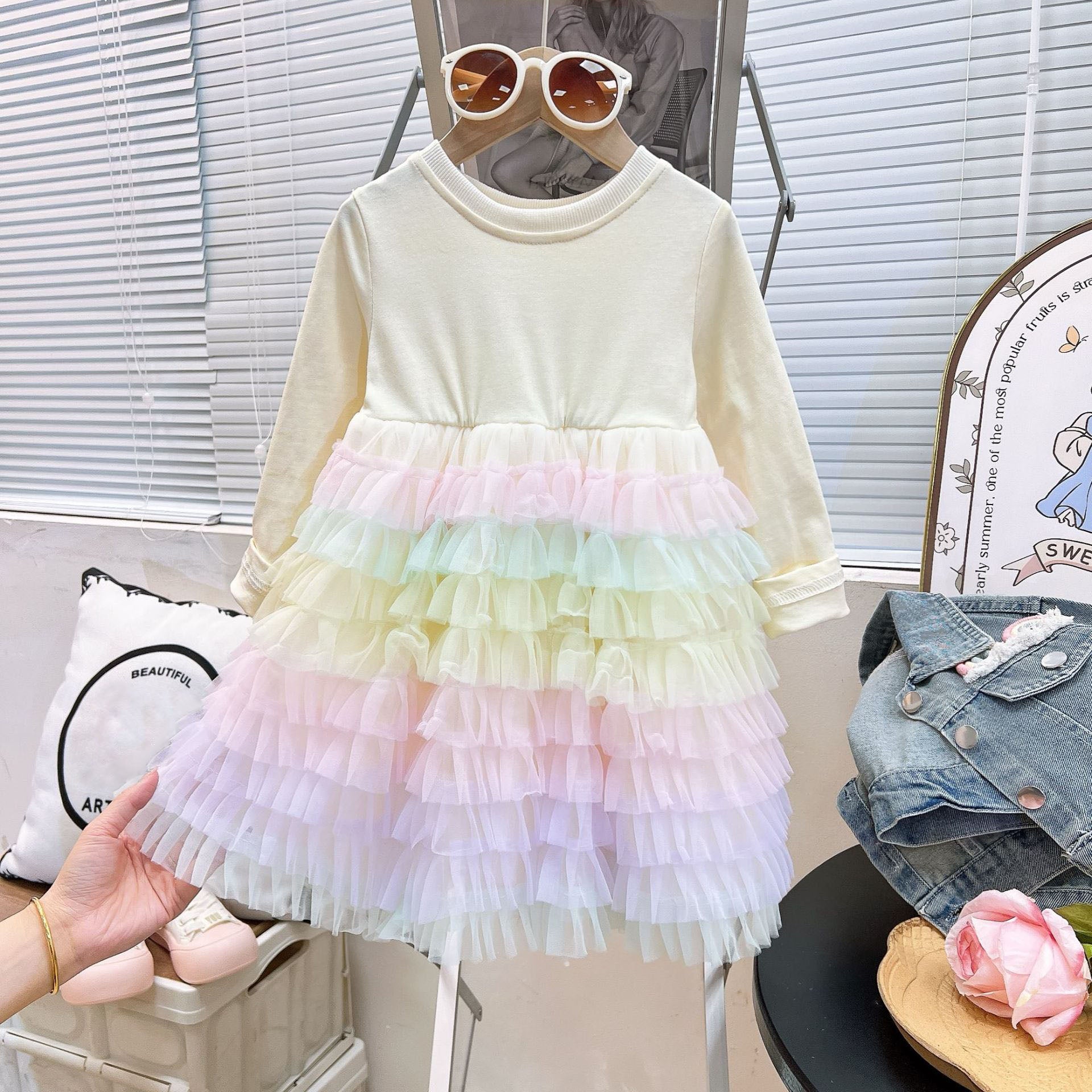 [363912] - One Set 2in1 Baju Setelan Dress Gaun Lengan Panjang Atasan Jaket Denim Fashion Anak Perempuan Cewek - Motif 3D Rainbow - BABYHOKI STORE