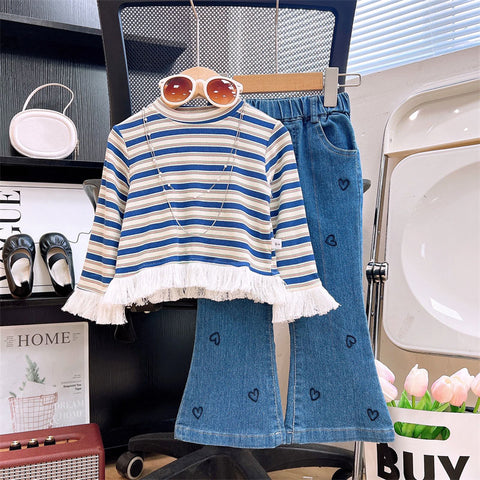 [363913] - One Set 2in1 Baju Setelan Atasan Rumbai Lengan Panjang Bawahan Celana Panjang Cutbray Denim Fashion Anak Cewek Perempuan - Motif Colour Stripe - BABYHOKI STORE