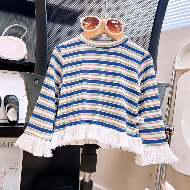 [363913] - One Set 2in1 Baju Setelan Atasan Rumbai Lengan Panjang Bawahan Celana Panjang Cutbray Denim Fashion Anak Cewek Perempuan - Motif Colour Stripe - BABYHOKI STORE - BABYHOKI STORE