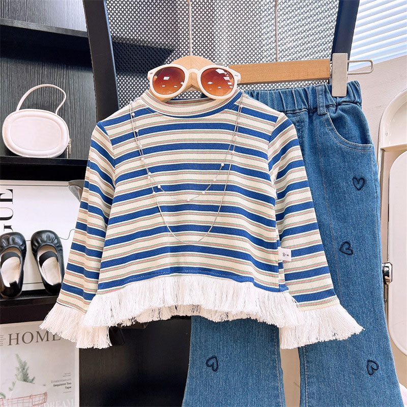 [363913] - One Set 2in1 Baju Setelan Atasan Rumbai Lengan Panjang Bawahan Celana Panjang Cutbray Denim Fashion Anak Cewek Perempuan - Motif Colour Stripe - BABYHOKI STORE - BABYHOKI STORE
