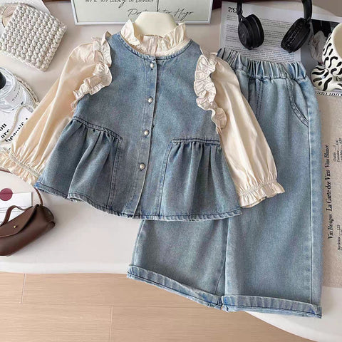 [363914] - One Set 3in1 Baju Setelan Atasan Blouse Lengan Panjang Vest Kutung Denim Bawahan Celana Panjang Kulot Denim Fashion Anak Cewek Perempuan - Motif Cute Lace - BABYHOKI STORE