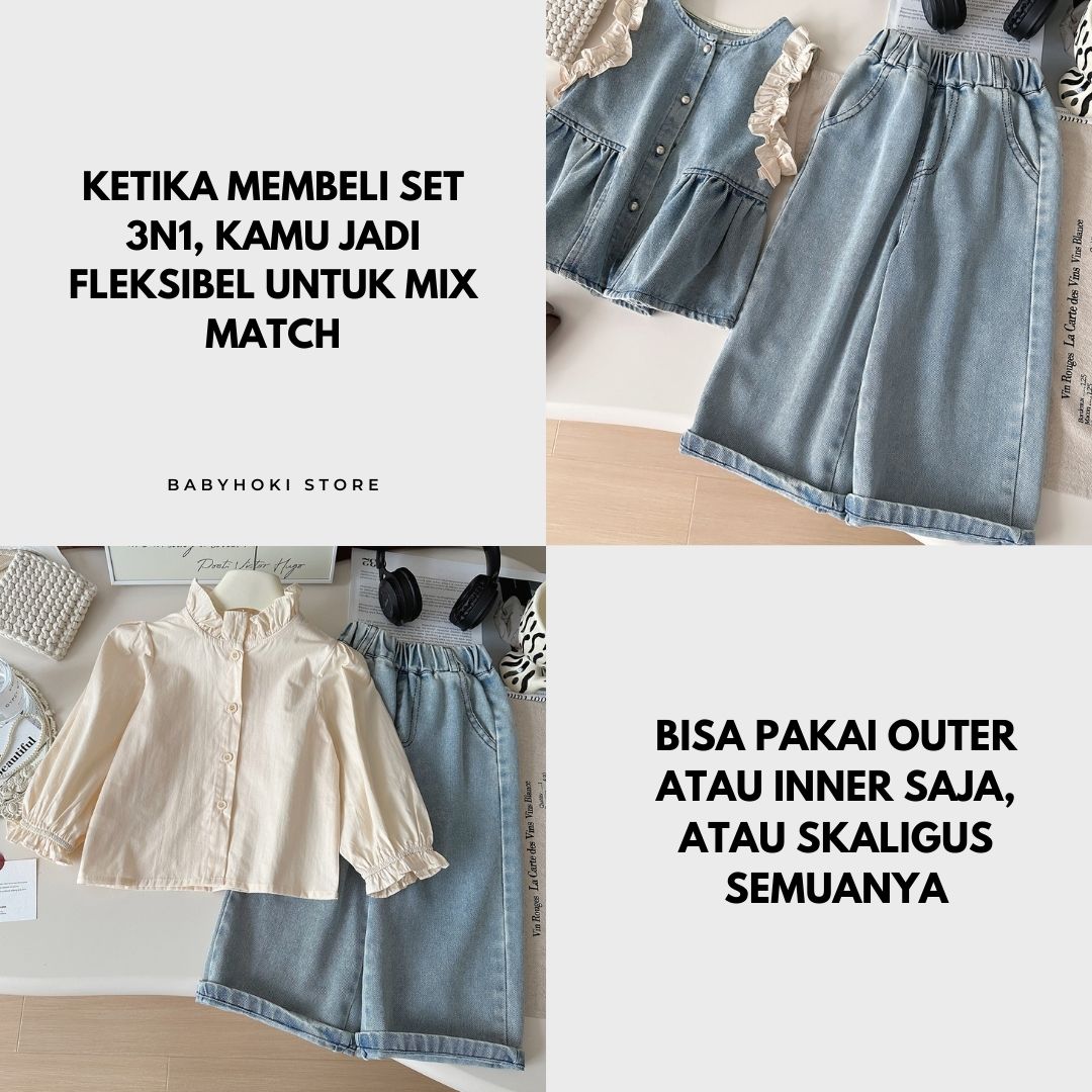 [363914] - One Set 3in1 Baju Setelan Atasan Blouse Lengan Panjang Vest Kutung Denim Bawahan Celana Panjang Kulot Denim Fashion Anak Cewek Perempuan - Motif Cute Lace - BABYHOKI STORE