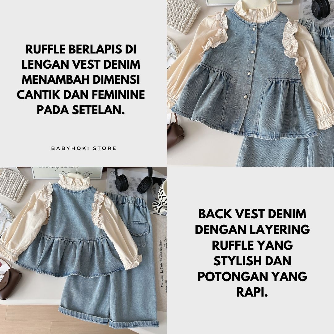 [363914] - One Set 3in1 Baju Setelan Atasan Blouse Lengan Panjang Vest Kutung Denim Bawahan Celana Panjang Kulot Denim Fashion Anak Cewek Perempuan - Motif Cute Lace - BABYHOKI STORE