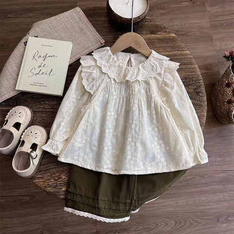 [363916] - Baju Setelan Atasan Bloue Lengan Panjang Bawahan Celana Panjang Kulot Fashion Anak Cewek Perempuan - Motif Cute Lace - BABYHOKI STORE - BABYHOKI STORE