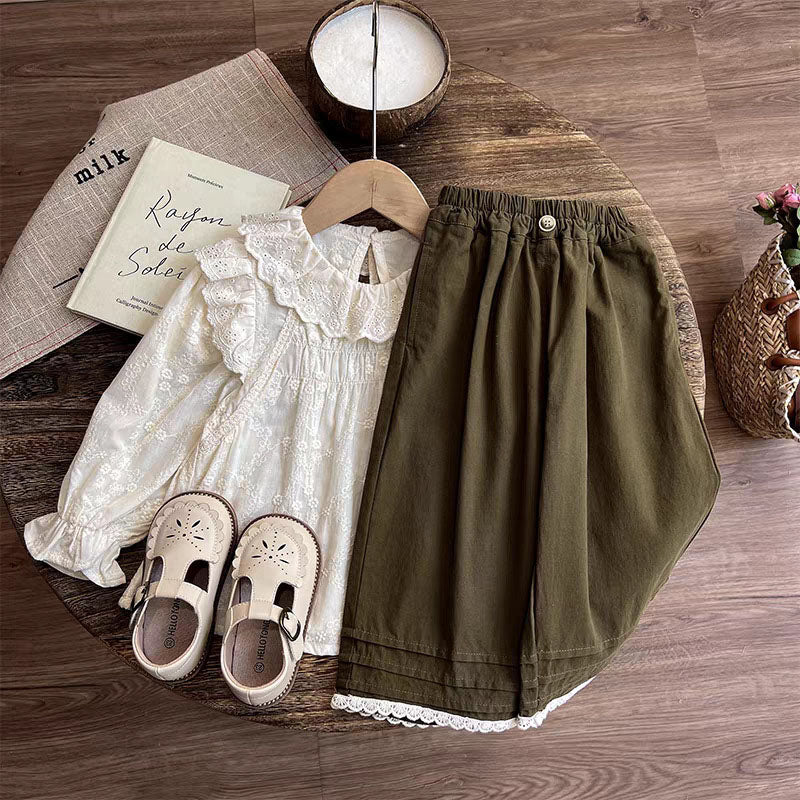 [363916] - Baju Setelan Atasan Bloue Lengan Panjang Bawahan Celana Panjang Kulot Fashion Anak Cewek Perempuan - Motif Cute Lace - BABYHOKI STORE - BABYHOKI STORE