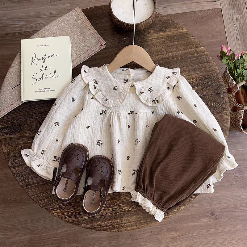 [363917] - One Set 2in1 Baju Setelan Atasan Blouse Renda Lengan Panjang Bawahan Celana Panjang Renda Fashion Anak Cewek Perempuan - Motif Floral Lace - BABYHOKI STORE
